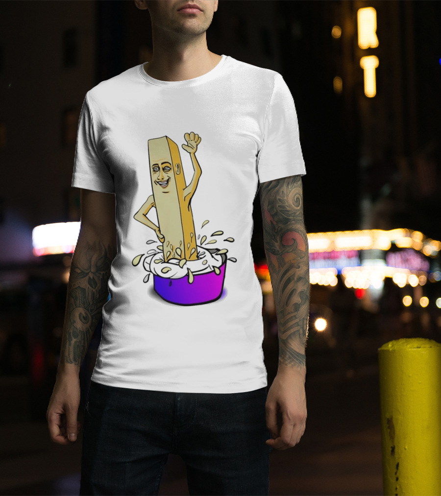 Belgian French Fry Cartoon Character Waving In Sauce Bowl T-Shirt