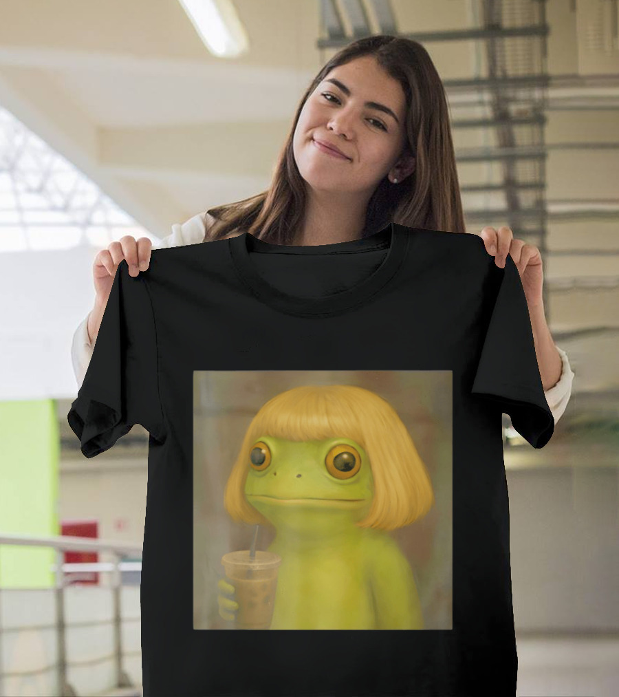 Blonde Wig Frog Holding Iced Coffee T-Shirt