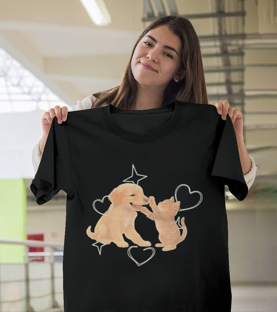 Golden Retriever Puppy And Tabby Kitten Playing With Stars And Hearts T-Shirt