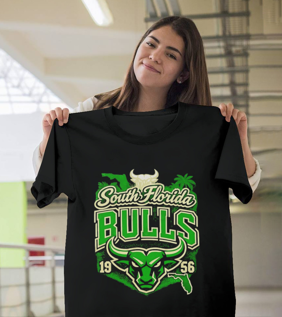 South Florida Bulls 1956 NCAA College Football Palm Tree Map Green Bull T-Shirt
