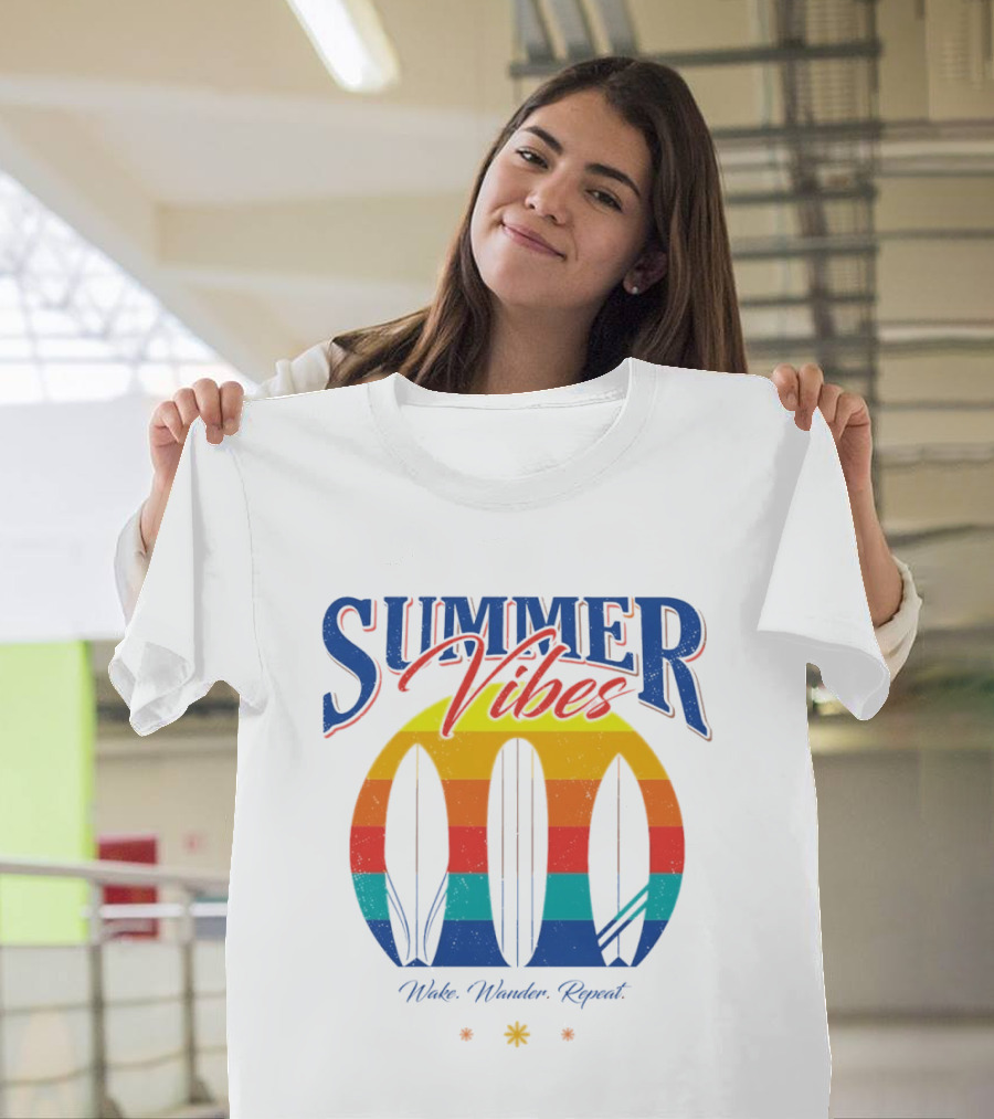Summer Vibes Wake Wander Repeat Retro Surfboard Sunset T-Shirt