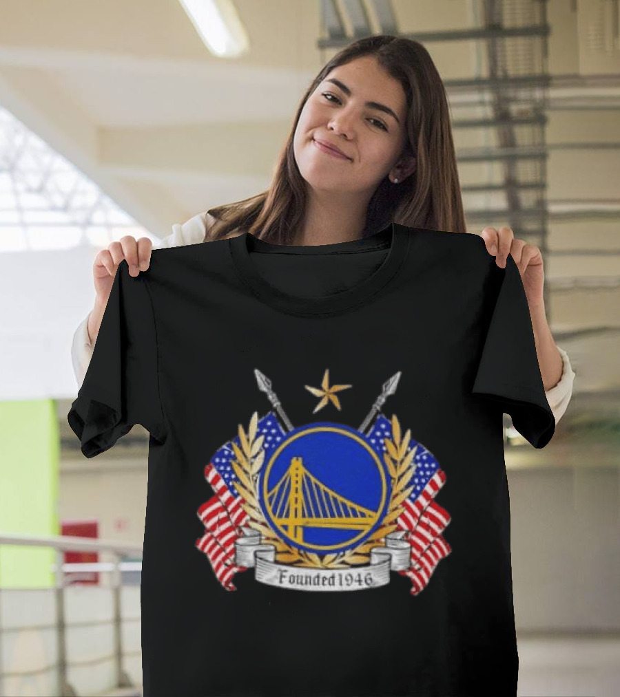 Golden State Warriors 1946 Emblem American Flags Distressed T-Shirt