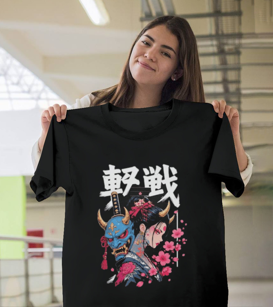 Japanese Oni Mask And Geisha With Cherry Blossoms Kanji T-Shirt