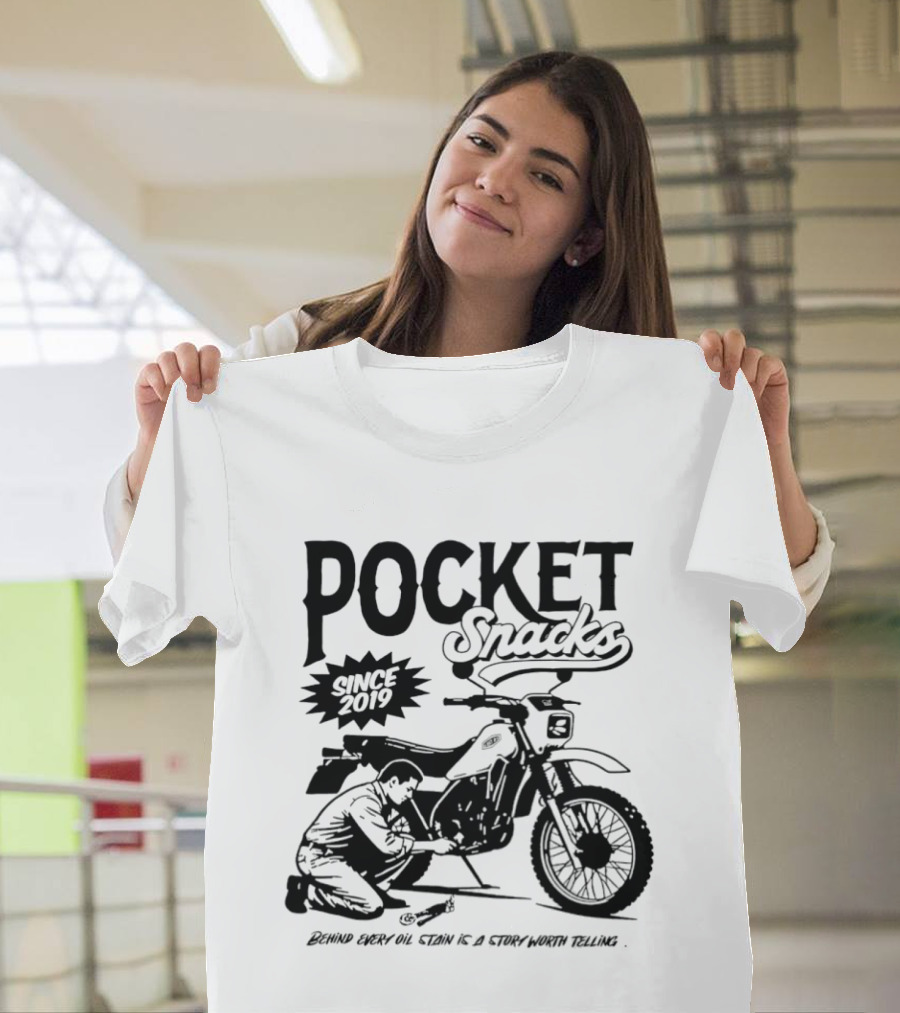 Pocket Snacks Since 2019 Motorcycle Mechanic Oil Stain T-Shirt