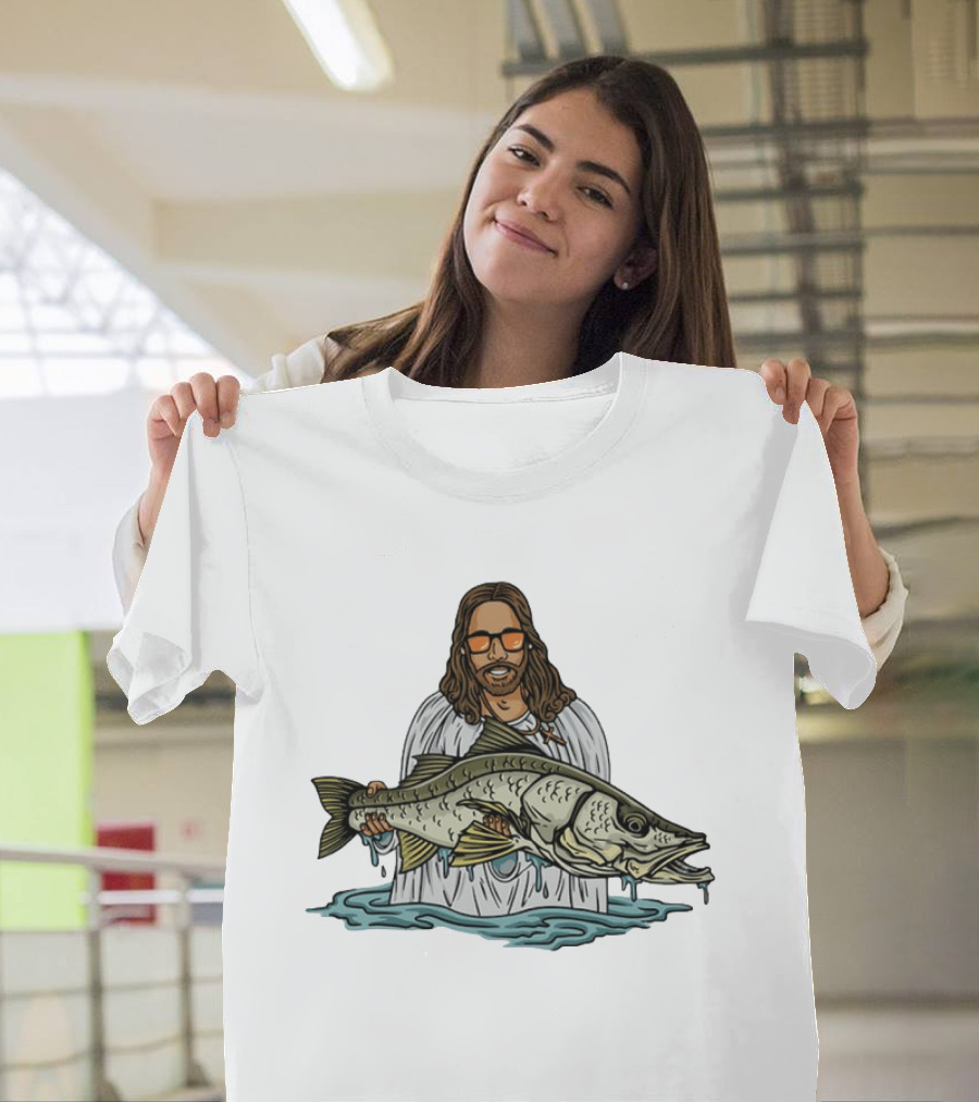 Jesus Holding Fish Like Jesus Fishing With Sunglasses T-Shirt