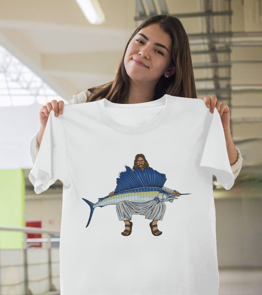 Jesus Holding Sailfish Fish Like Iconic Religious Savior T-Shirt