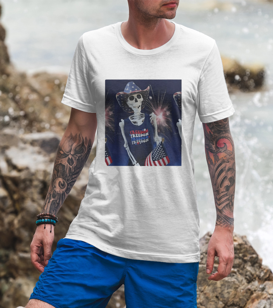 Freedom Skeleton Patriot With American Flag And Fireworks Fourth Of July T-Shirt