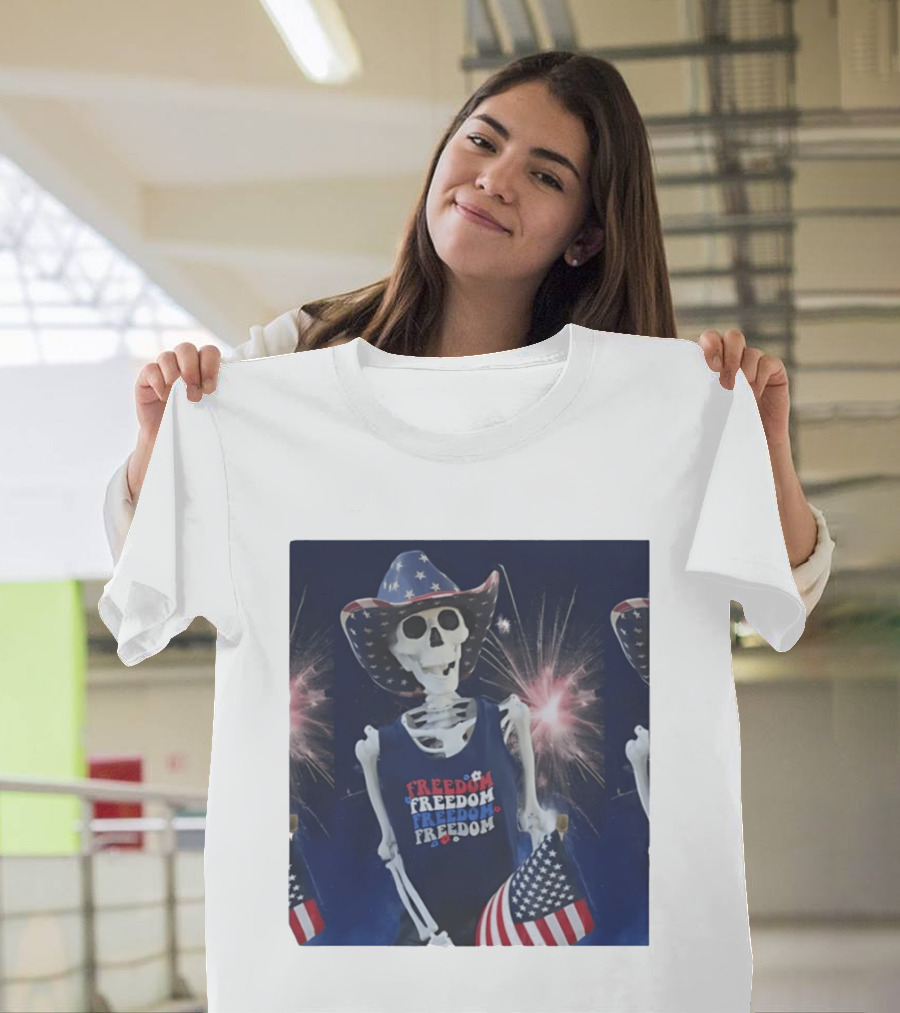 Freedom Skeleton Patriot With American Flag And Fireworks Fourth Of July T-Shirt