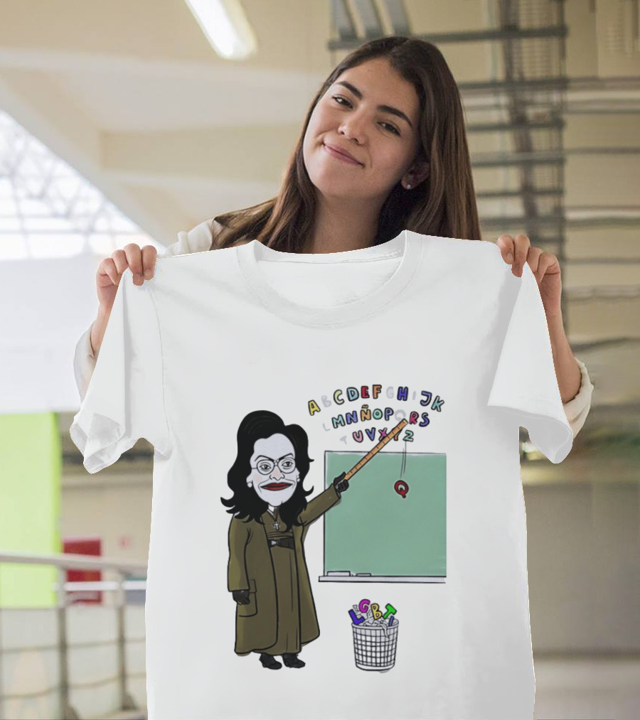 LGBTQ Alphabet Removal Cartoon Teacher With Chalkboard And Trash Bin T-Shirt