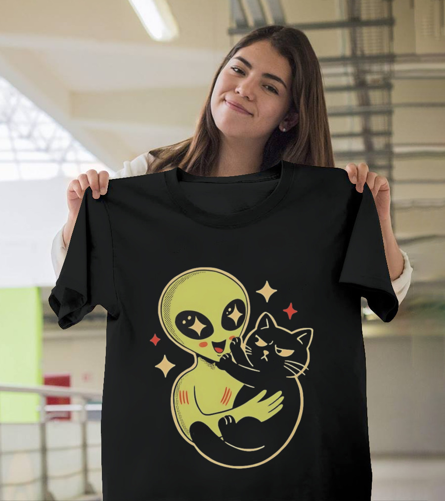 Alien Holding Grumpy Black Cat Surrounded By Stars T-Shirt