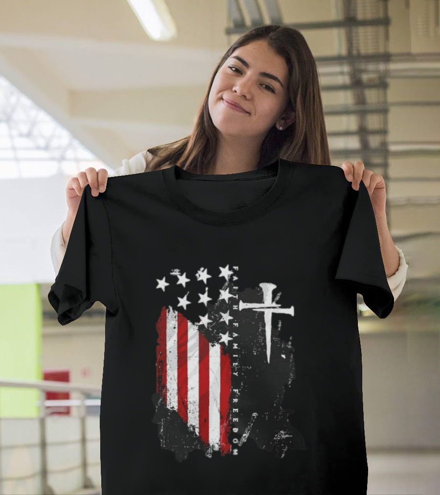 Faith Family Freedom Patriotic American Flag Cross T-Shirt