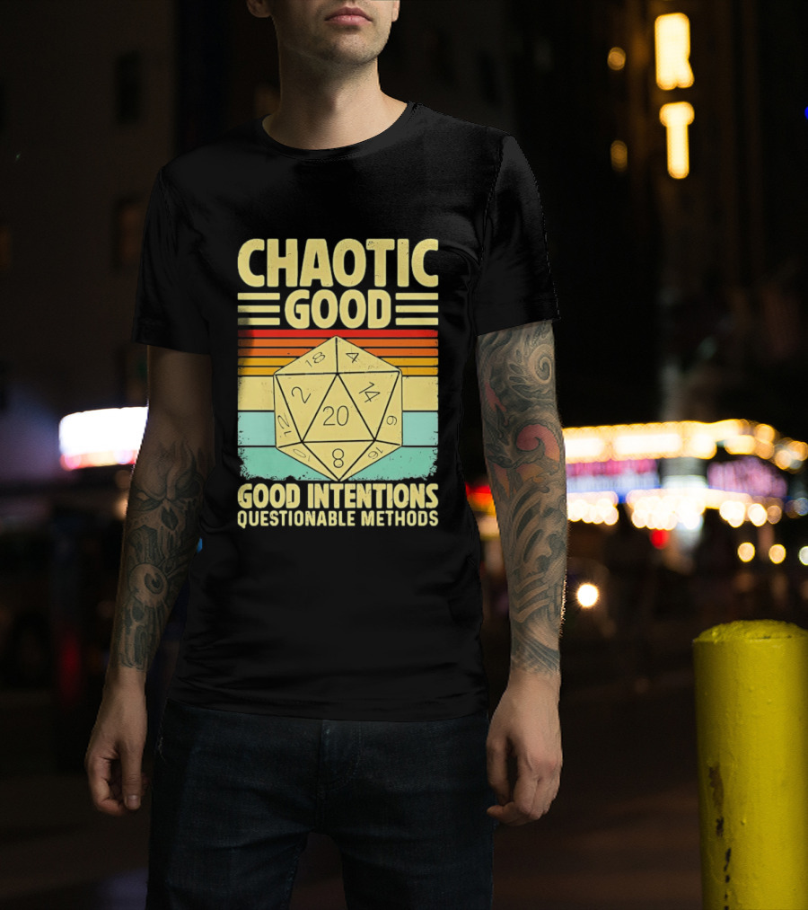 Chaotic Good D20 Good Intentions Questionable Methods Stripes T-Shirt
