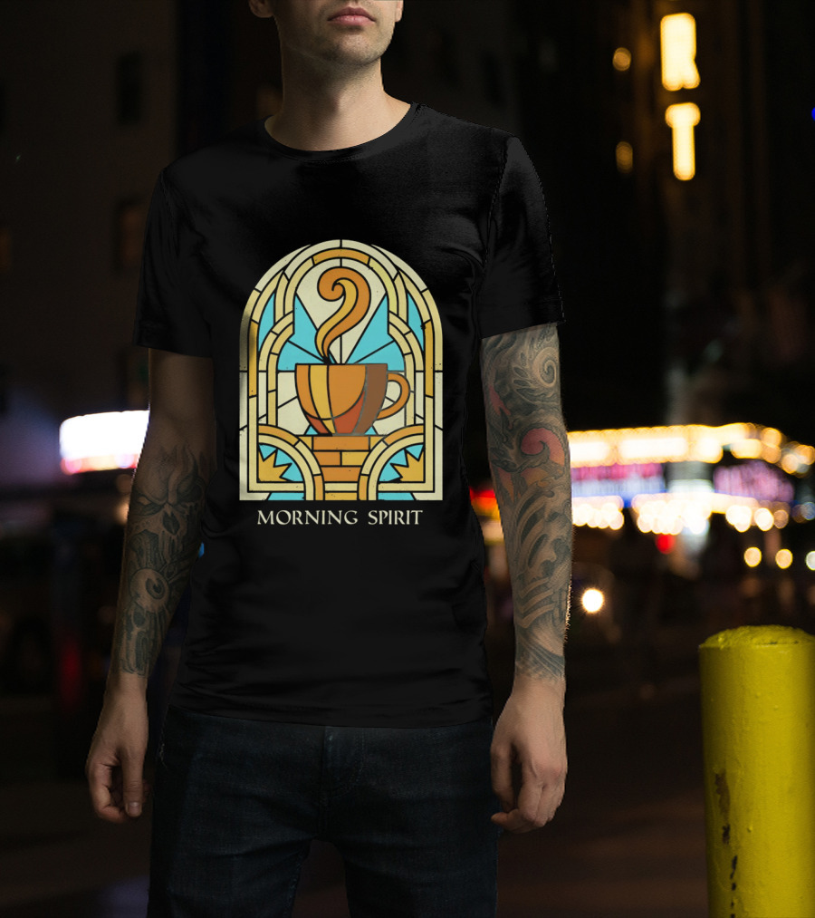 Morning Spirit Coffee Cup Stained Glass Art Deco T-Shirt