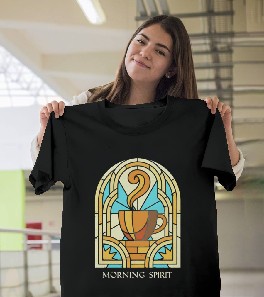 Morning Spirit Coffee Cup Stained Glass Art Deco T-Shirt