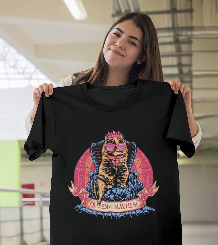 Queen Of Mayhem Cat With Pink Crown And Glasses On Throne T-Shirt