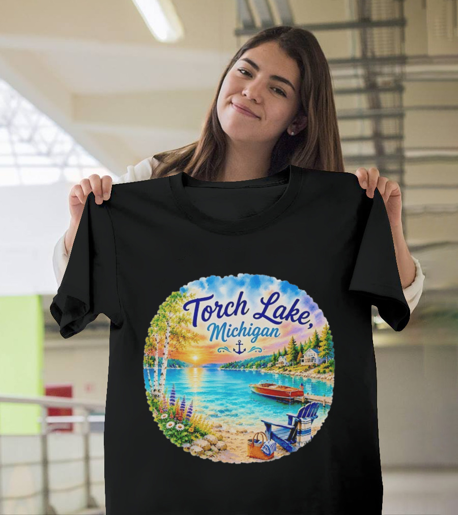Torch Lake Michigan Sunset Scenic Lakeside Anchor T-Shirt