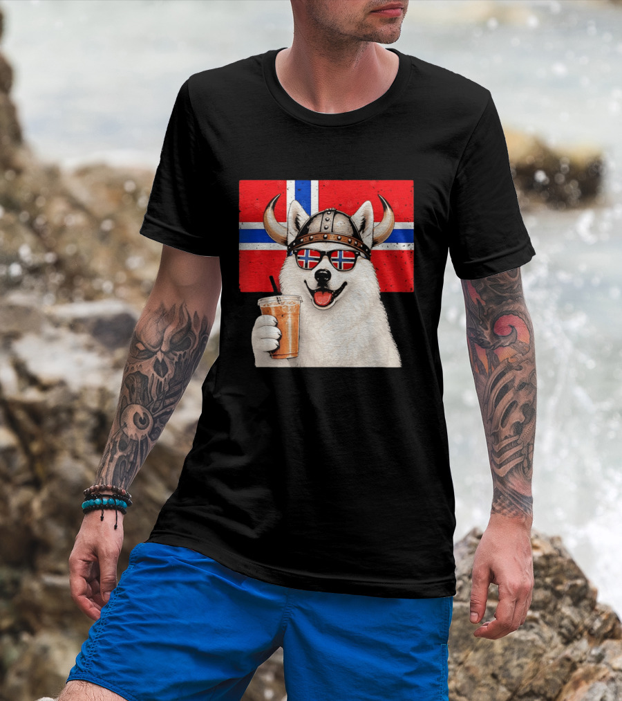 Viking Husky With Norwegian Flag Glasses And Iced Coffee T-Shirt