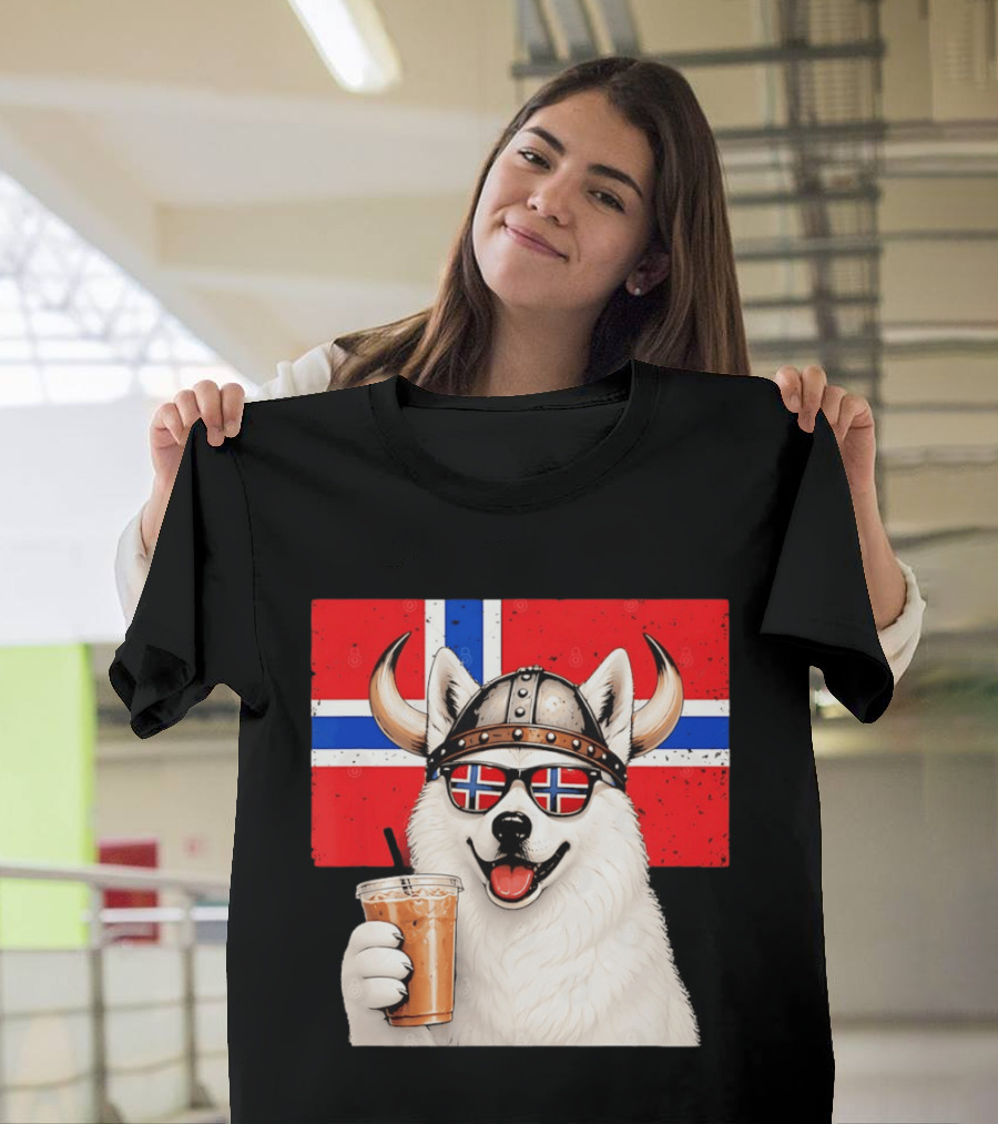 Viking Husky With Norwegian Flag Glasses And Iced Coffee T-Shirt