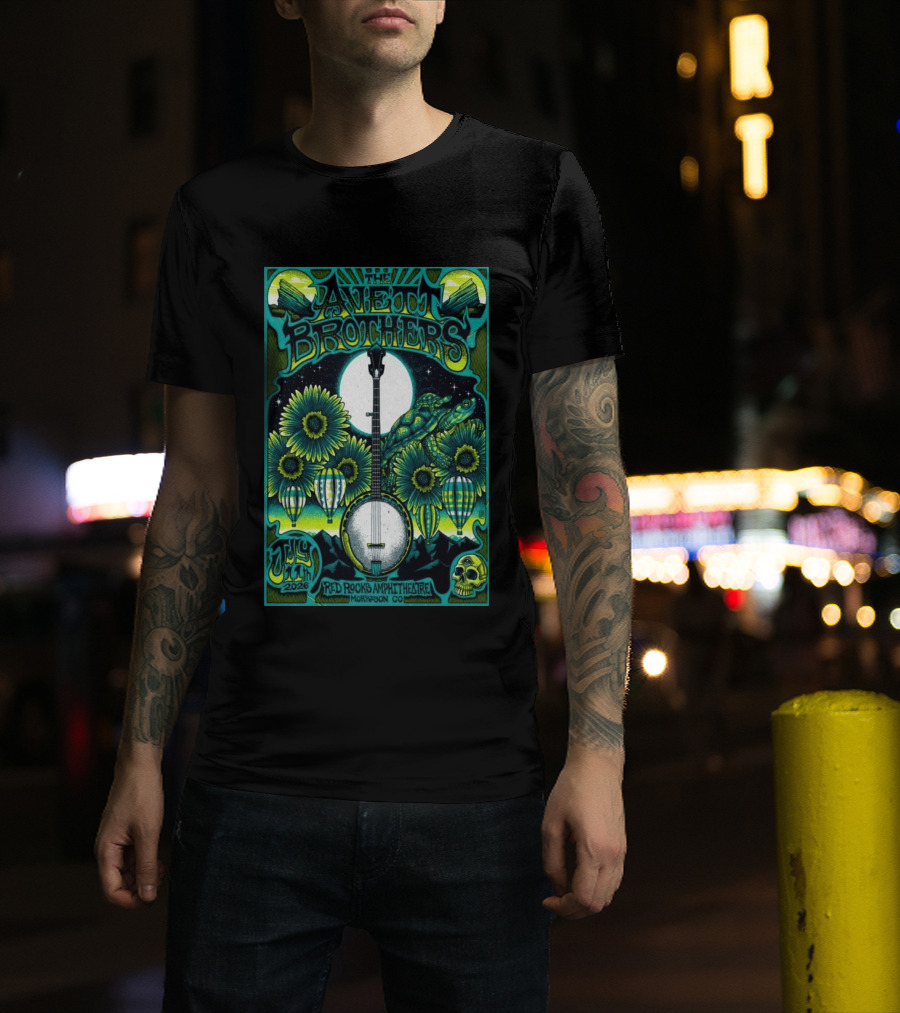 The Avett Brothers Red Rocks Amphitheatre July 11 2026 Morrison CO Banjo Sunflowers Hot Air Balloons Turtles Skulls T-Shirt