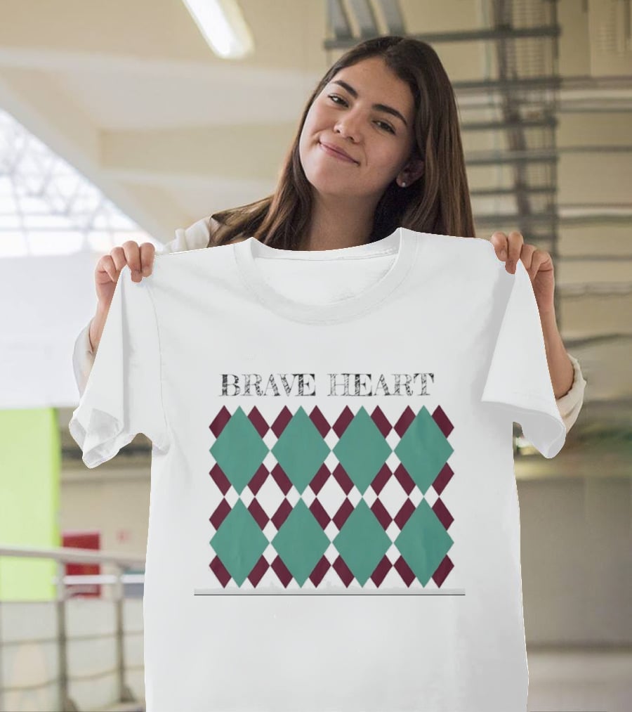 BRAVE HEART Argyle Pattern Teal Burgundy Diamonds T-Shirt