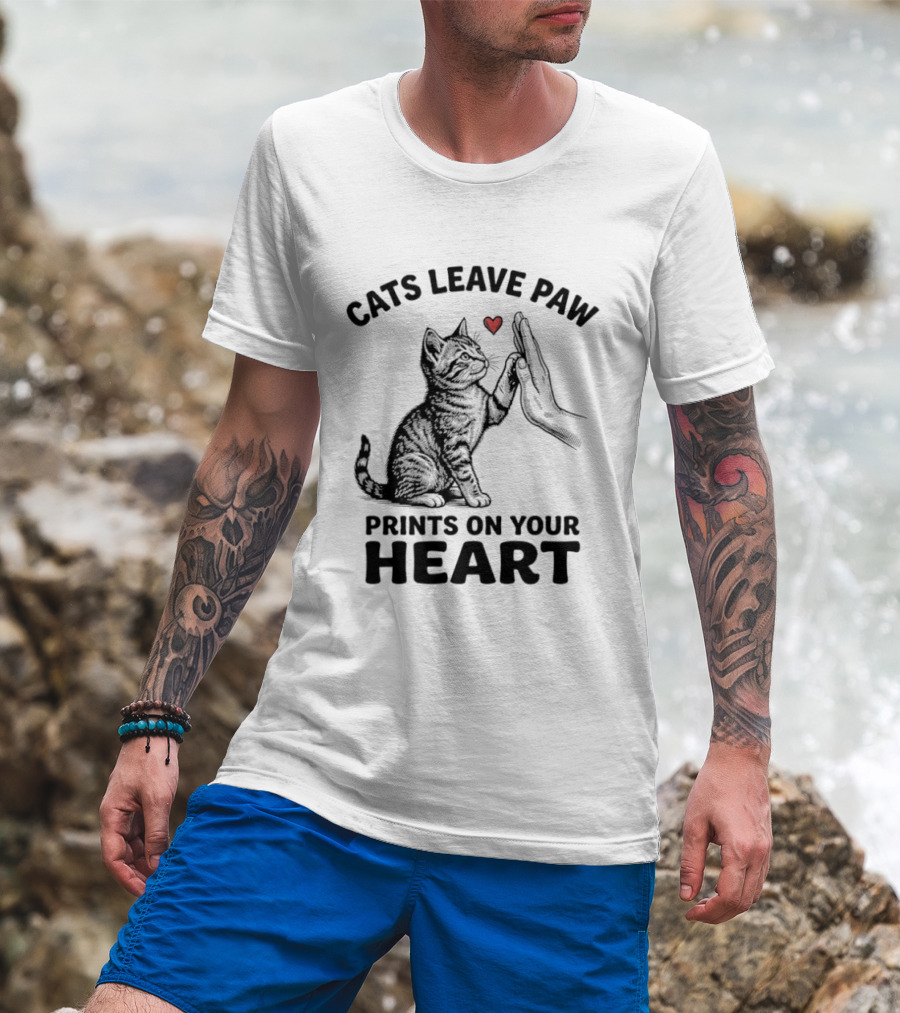 Cats Leave Paw Prints On Your Heart With Hand And Paw High Five T-Shirt