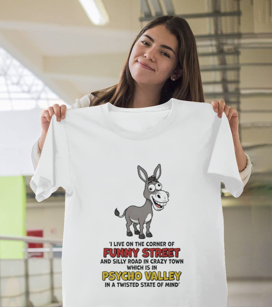 Donkey I Live On The Corner Of Funny Street And Silly Road In Crazy Town Psycho Valley In A Twisted State Of Mind T-Shirt