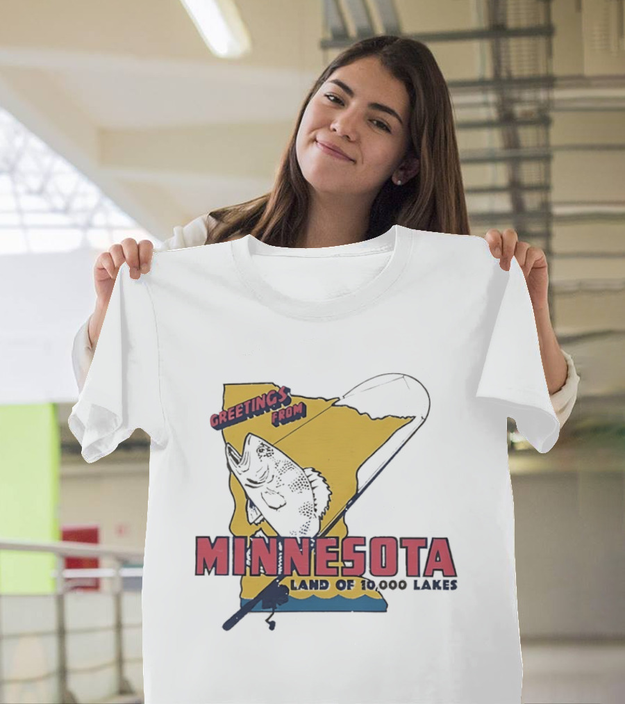 Greetings From Minnesota Land Of 10000 Lakes Fishing Map T-Shirt