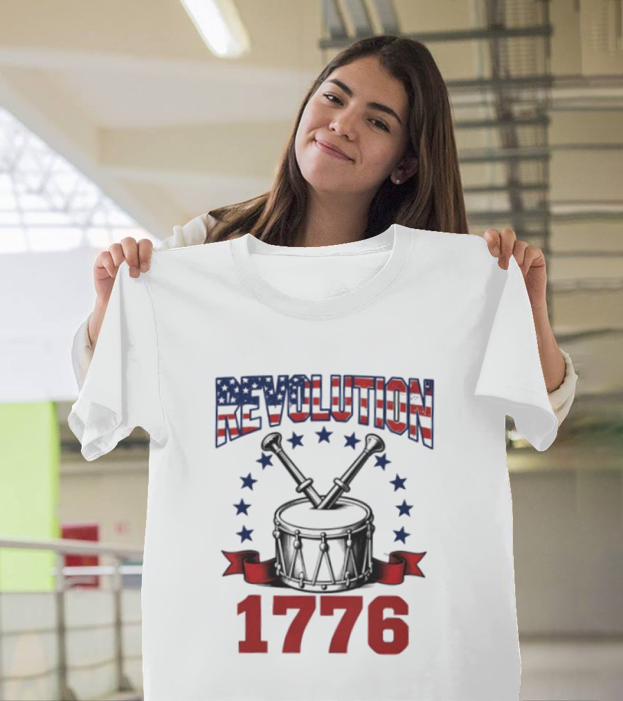 Revolution 1776 American Independence Drum With Stars And Crossed Drumsticks T-Shirt