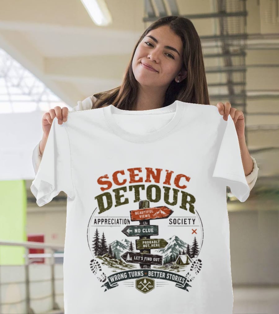 Scenic Detour Appreciation Society No Clue Adventure Awaits Better Stories T-Shirt