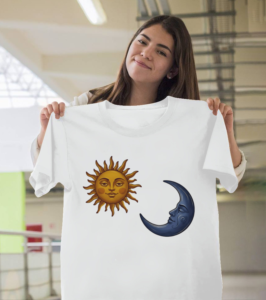 Sun Face And Crescent Moon Celestial Pair Harmony T-Shirt