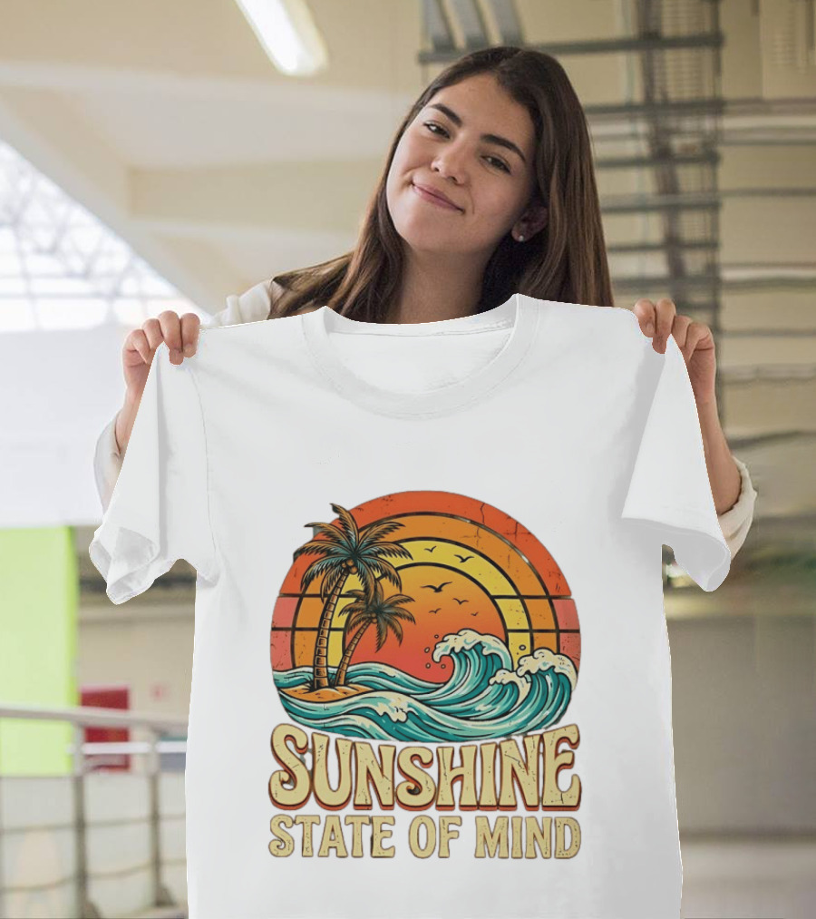 Sunshine State Of Mind Palm Trees Crashing Waves Sunset T-Shirt