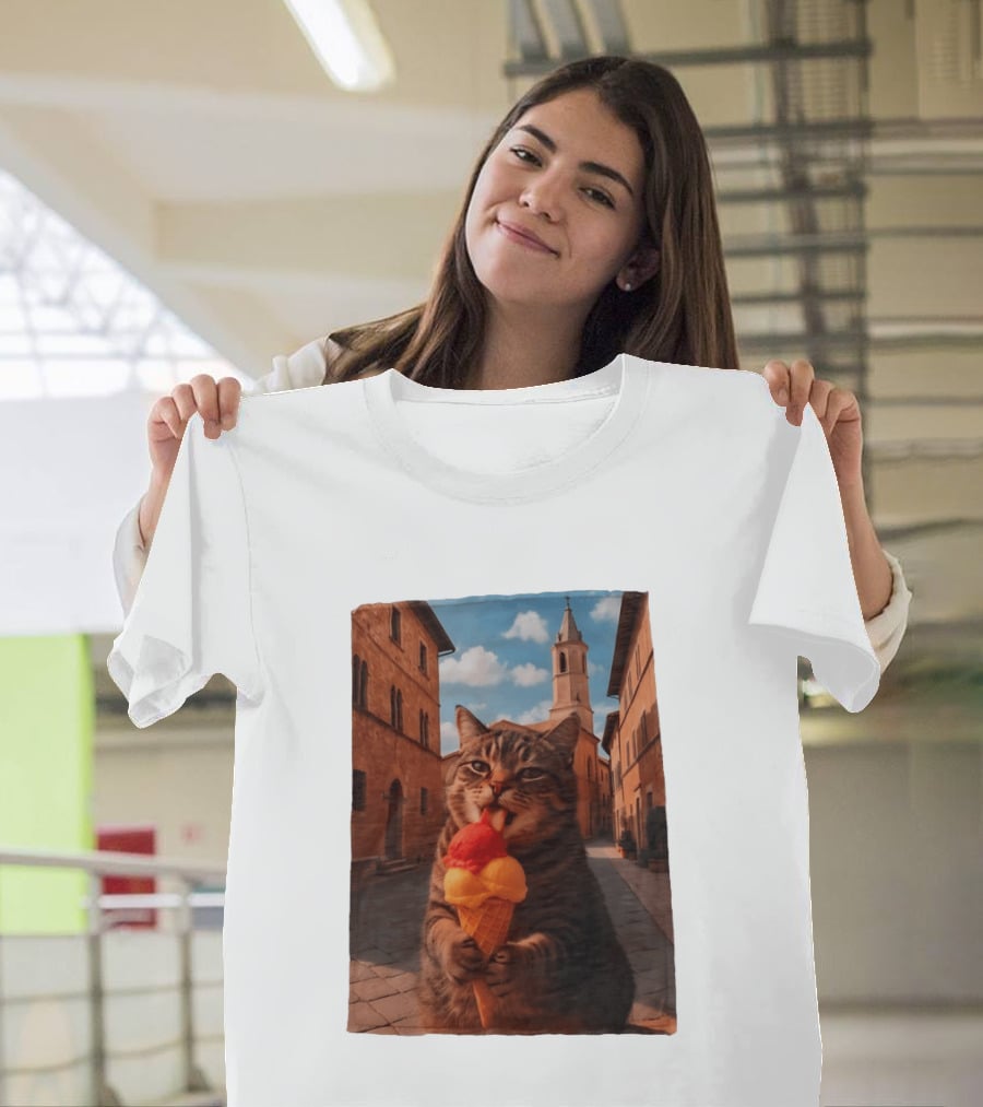 Tabby Cat Eating Ice Cream Cone In Italian Village Street Scene T-Shirt