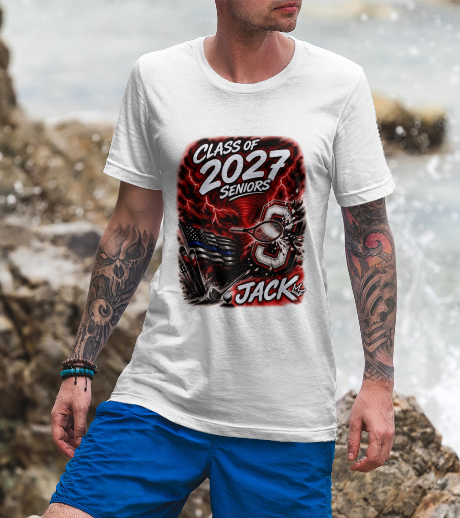 Class Of 2027 Seniors Jack Black Flag Lightning Tennis Football T-Shirt