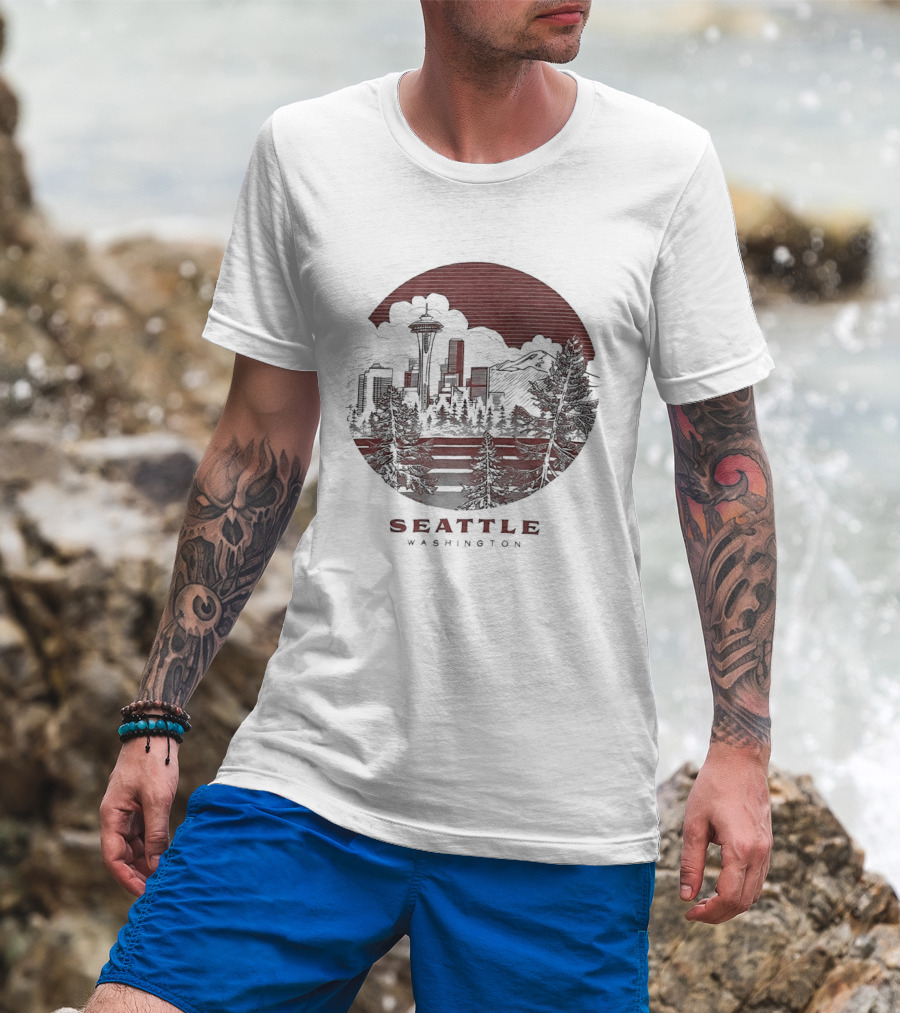 Seattle Washington Skyline Space Needle Mountains Forest T-Shirt