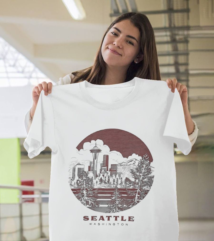 Seattle Washington Skyline Space Needle Mountains Forest T-Shirt