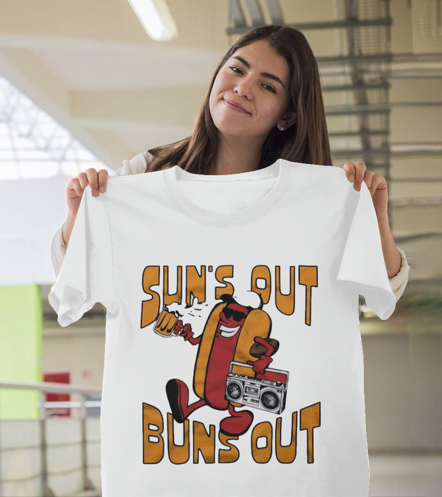 Sun's Out Buns Out Hot Dog With Sunglasses Holding Beer And Boombox T-Shirt