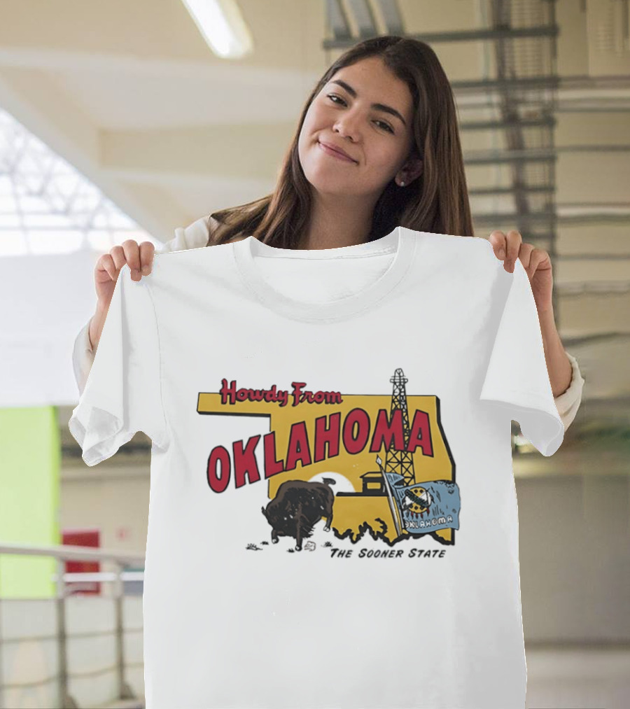 Howdy From Oklahoma The Sooner State Bison With Oil Derrick And Flag T-Shirt