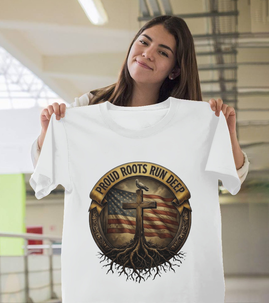 Proud Roots Run Deep Cross Dove American Flag Roots T-Shirt
