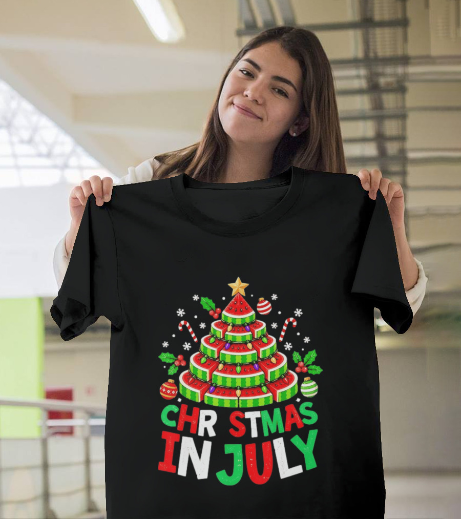 Christmas In July Watermelon Tree With String Lights And Candy Canes T-Shirt