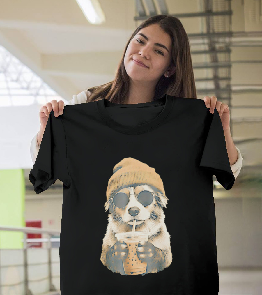 Cozy Dog In Beanie And Sunglasses Enjoying Iced Boba Tea T-Shirt