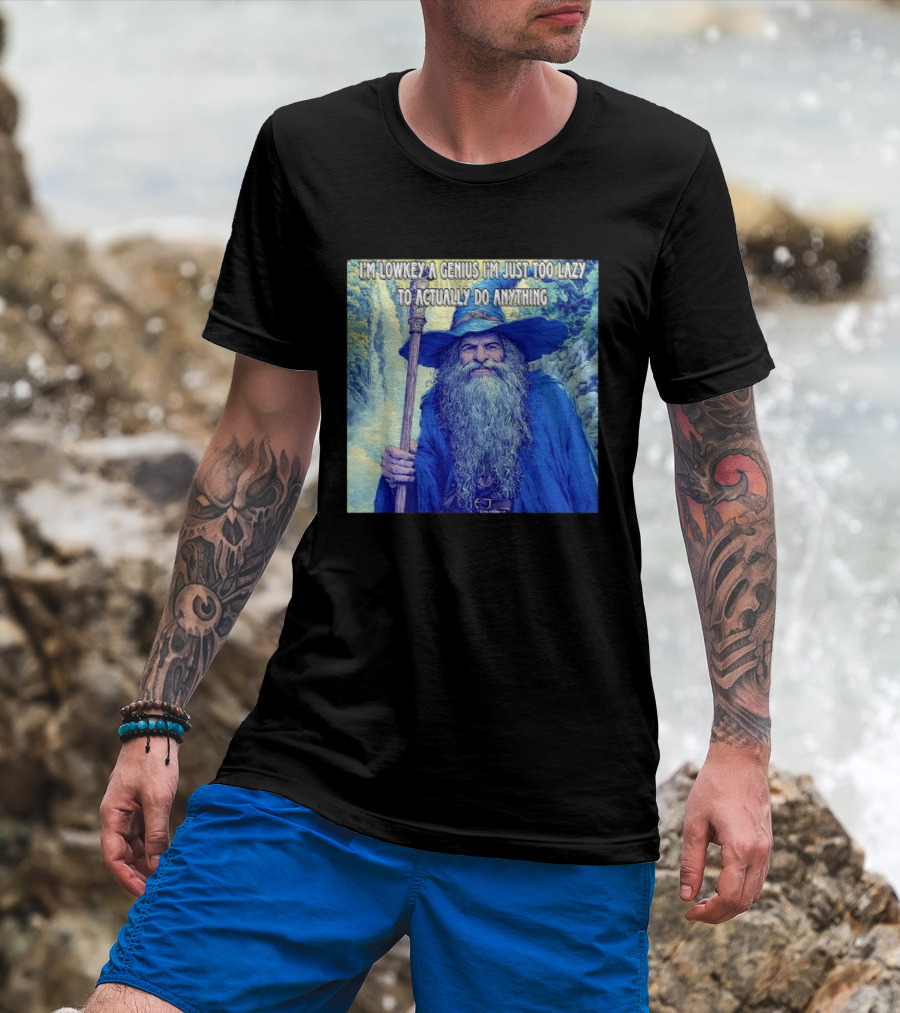 I'm Lowkey A Genius I'm Just Too Lazy To Actually Do Anything Wizard Fantasy Waterfall T-Shirt