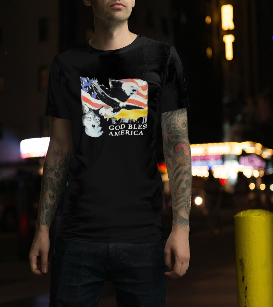 God Bless America Bald Eagle Wolf And American Flag Patriotic T-Shirt