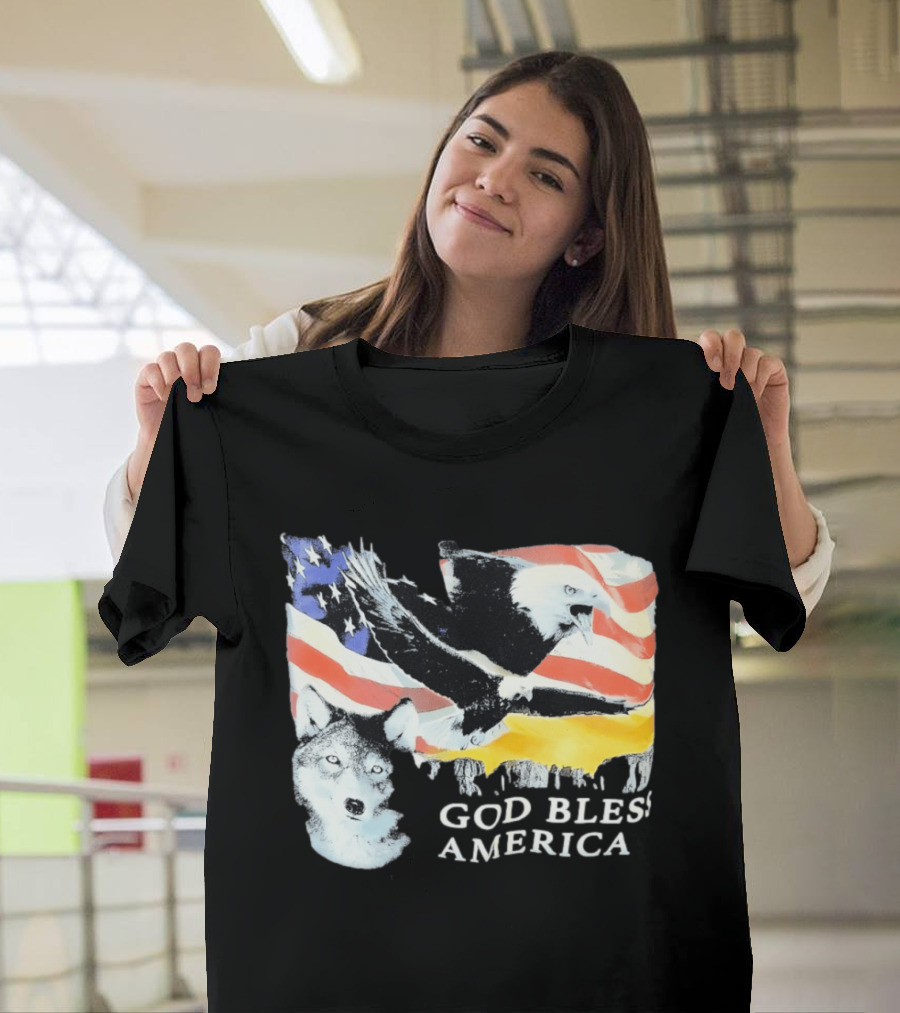 God Bless America Bald Eagle Wolf And American Flag Patriotic T-Shirt