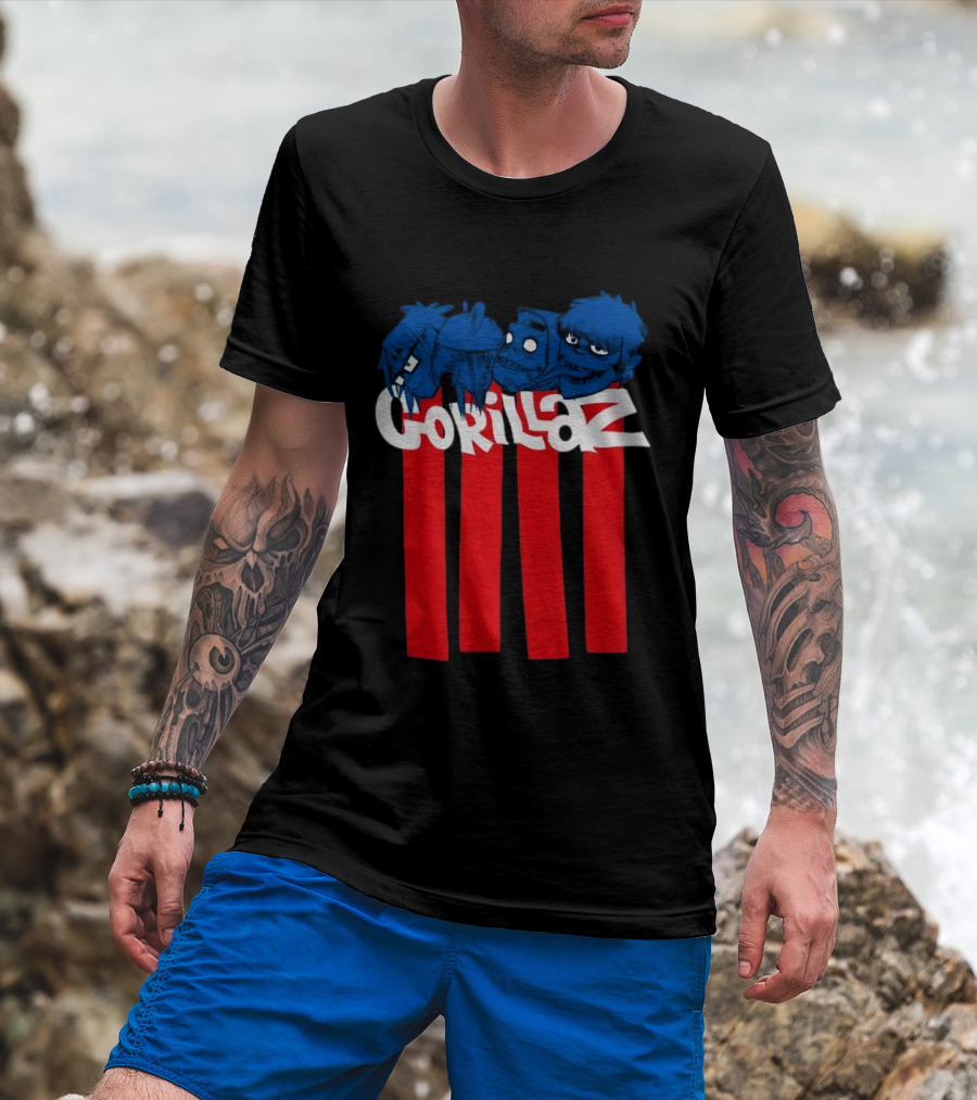 GORILLAZ Pez Heads Characters Red Stripes T-Shirt