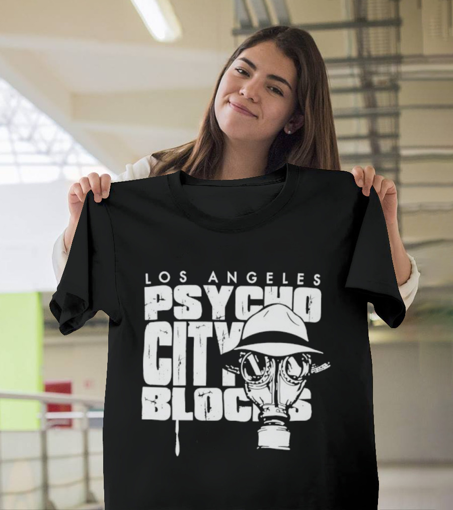 Los Angeles Psycho City Blocks Gas Mask Helmet Bold Lettering T-Shirt