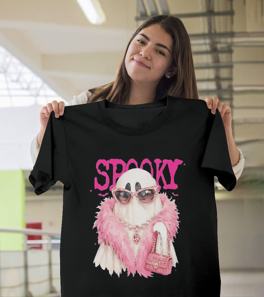 Spooky Glamorous Ghost With Pink Fur And Sunglasses T-Shirt
