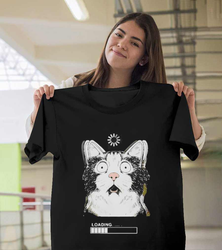 Startled Tuxedo Cat Staring Wide Eyed Beside Loading Progress Bar Meme T-Shirt
