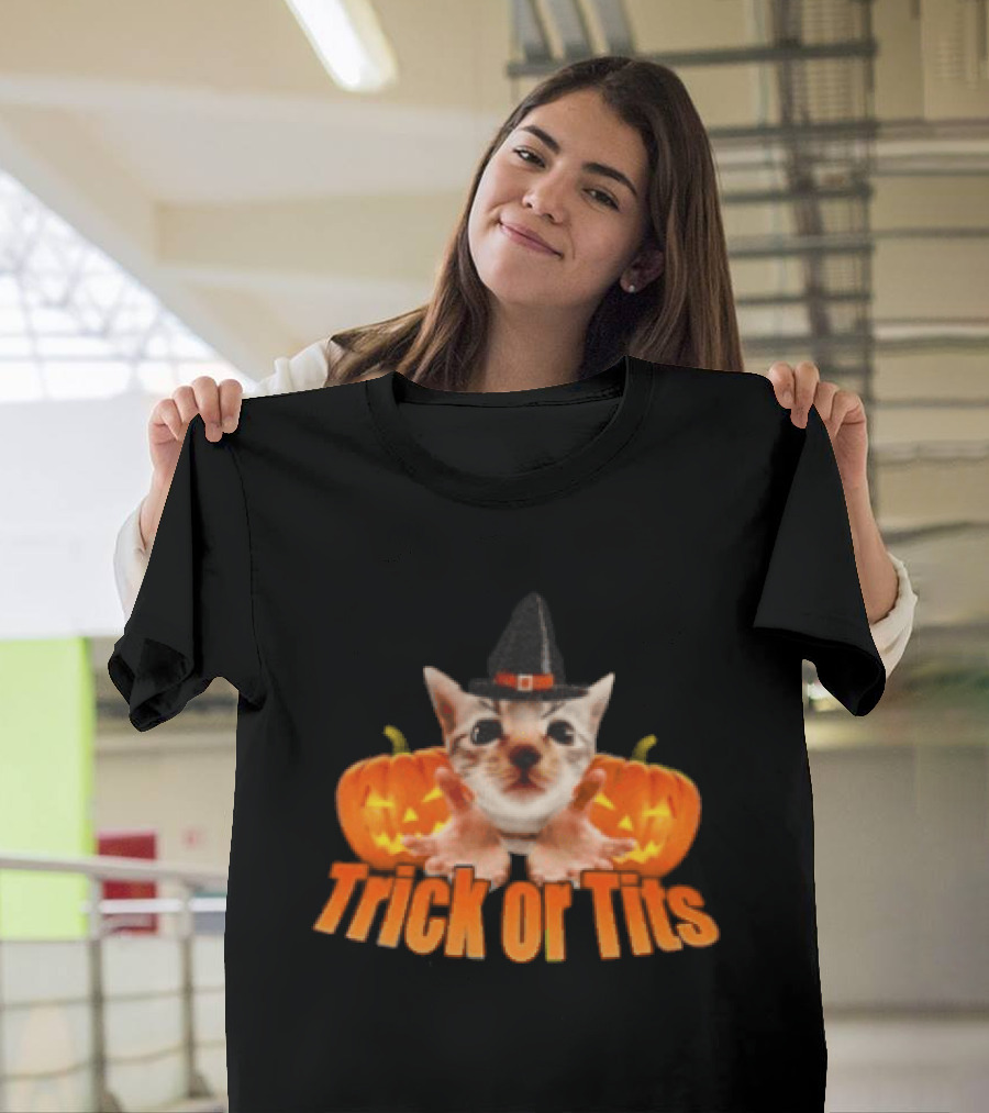 Trick Or Tits Halloween Cat Witch Pumpkin Hat T-Shirt