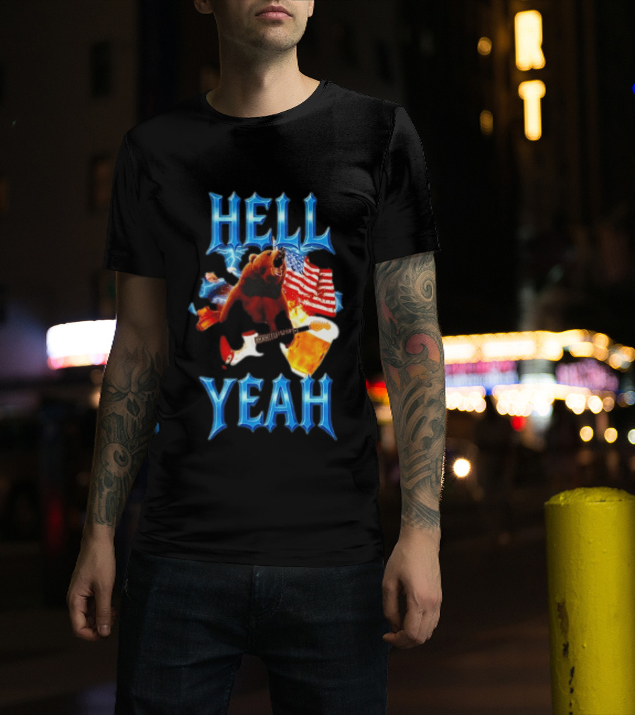 Hell Yeah Bear American Flag Guitar Beer Celebration T-Shirt