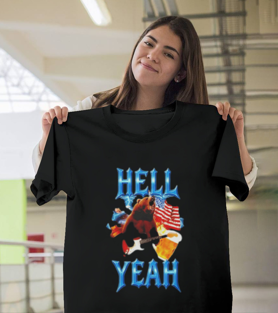 Hell Yeah Bear American Flag Guitar Beer Celebration T-Shirt